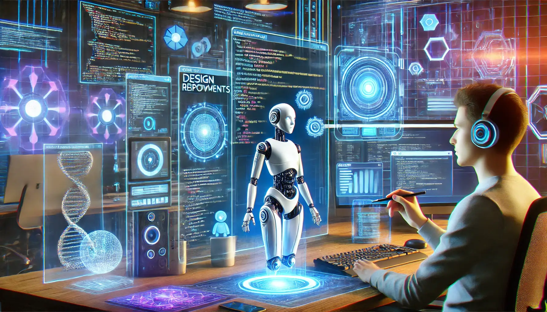 A futuristic web development workspace featuring AI-powered tools, holographic UI/UX elements, and a digital assistant helping a developer in real-time.